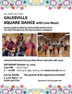 Galesville Square Dance. October 14. 6:30pm. Galesville Memorial Hall, 952 Main St, Galesville, MD.